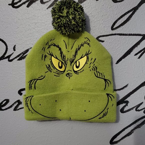 Grinch Face Marled Knit Beanie with Pom, Unisex - Picture 1 of 5